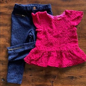 Osh Kosh 2T Girl’s blue pants and lacy Fuscia top